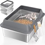 28''L×20''W×10''H XXXL Stainless Steel Sifting Litter Box with Lid,Sifting Cat Litter Box for Wood Pine Pellets,High Sides Sifter Litter Pan System,Odor Control,Easy to Clean,with Liners and Scoop