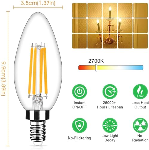Image of 24-Pack Dimmable E12 LED Candelabra Bulbs 40Watt Equivalent, 2700K Warm White, 450Lumens, 4W B11 Vintage Chandelier Light Bulbs, LED Filament Clear Glass Candle Lamp for Ceiling Fan Home Decor