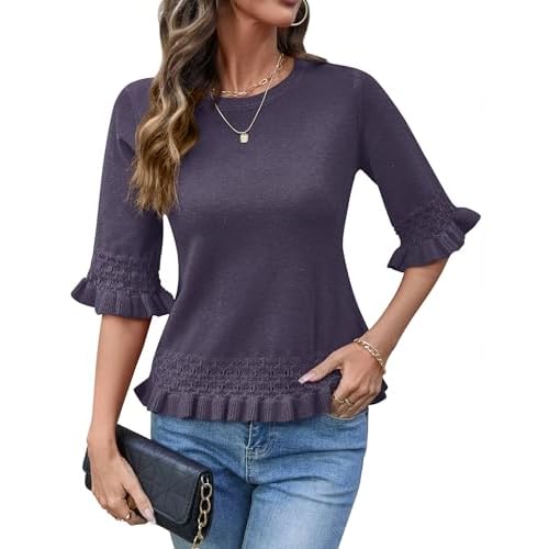 AKEWEI Womens 3/4 Sleeve Pullover Sweater Crewneck Knit Peplum Tops Lightweight Casual Going Out Outfits