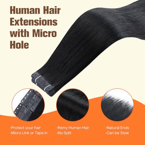 Image of Full Shine Holed Tape in Human Hair Extensions, Jet Black 12 Inch | 30g 20 PCS, Tape in Hair Extensions, Remy Human Hair, Hole Design, Glueless Wear, Thin Hair Support, Straight Style