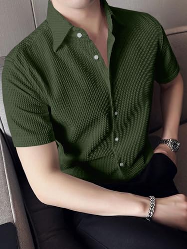 Image of GRECIILOOKS Shirt for Men | Mens Casual Shirt | Men Stylish Shirt | Men Waffle Shirt | Men's Regular Fit | Men Formal Shirt | Short Sleeve Shirt for Summer Outdoor Activities |Textured Shirts for Men