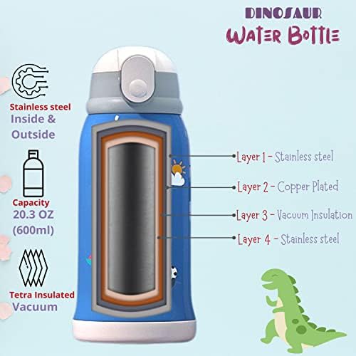 CARESWAY Kids Water Bottle with Straw , Bag and Extra Lid - Water Bottle Kids - Dinosaur Insulated Water Bottle - Girls, Boys Water Bottle - Drinks Kids Water Bottles for School - Water Bottle
