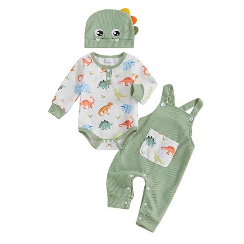 Newborn Baby Boy Dinosaur Outfit Long Sleeve Romper + Overalls Long Pants + Cute Hat Infant Fall Spring Clothes (Green, 0-3 Months)