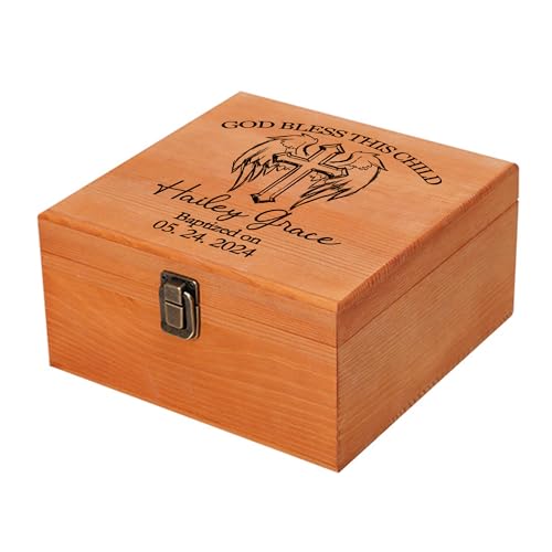 Baptism Gifts for Girl or Boys - Custom Wooden Keepsake Box Personalzed with Cross and Name and Date, Customizable Baptismal Gifts Customized Wood Baptism Memories Boxes for Jewelry Memento Storage