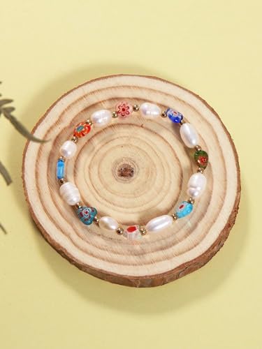 Generic One Natural Freshwater Pearl Heart Thousand Flowers Glass Beaded Bracelet (SB-0022-Mix)