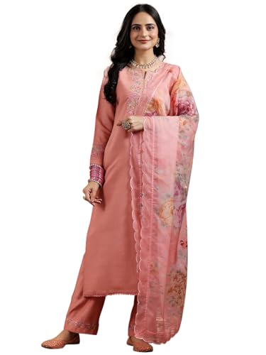 Image of Libas Embroidered Silk Blend Straight Kurta With Trouser and Dupatta