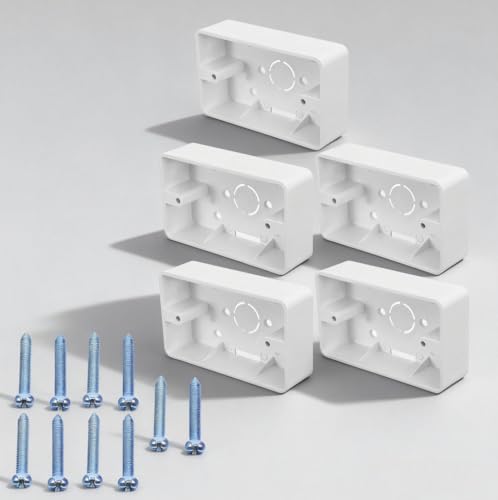 5Pcs Surface Mount Outlet Box with Screws Single Gang Electrical Box Plastic Enclosure Surface Receptacle for Wall Mounted Switches and Outlets Cabinet Kitchen Garage Indoor Use 4.7x2.8x1.2IN