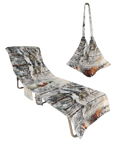 Christmas Snowman Beach Chair Towel Covers for Chaise Lounge With Side Pocket, Soft Plush Pool Towels Cover for Patio Sunbathing Outdoor 29''x85'' Forest Winter Snowy Tree