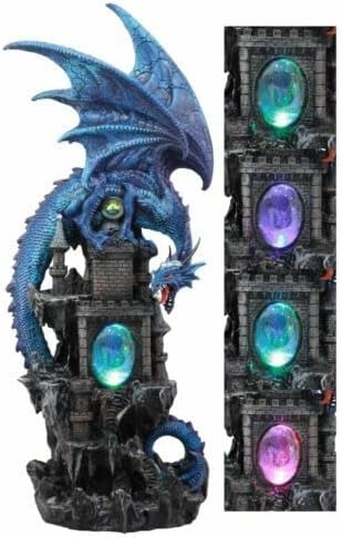 Ebros Gift Gran dragón elemental de agua azul guardián acual en castillo de las montañas rocosas estatua decorativa con luz nocturna LED que cambia