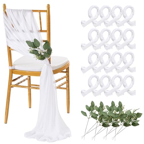QueenDream White Chair Sashes Wedding: 16 Pieces Long Sheer Wedding Aisle Chair Decorations Tulle Chairs Covers with Artificial Eucalyptus
