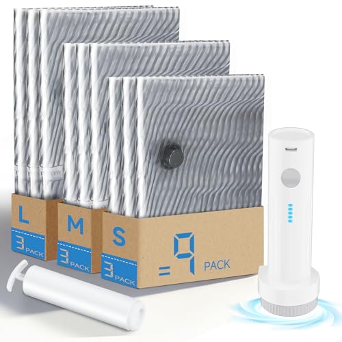 Sac Sous Vide Vetement Aspirateur 9 Pièces, Housses de Rangement Sous Vide avec Pompe(3 x 40*60cm, 3 x 50*70cm, 3 x 60*80cm) Réutilisables Sac de Compression Voyage pour Couettes, Literie, Bagages