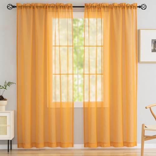 Image of Sheer Curtains 84 inch Length 2 Panels Set, Semi Sheer Privacy Curtain Drapes, Yellow Rod Pocket Window Treatments Voile Curtains for Windows Living Room Bedroom Sunroom French Doors, 52 inchW x 84 inchL