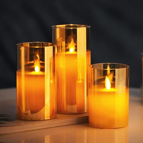 Image of Desidiya Flameless LED Seasonal Light for Room & Home Decor for Festive | Acrylic Fiber Set of 3 Gold Glass Candle Light with Realistic Flickering Design for Gifting, Festival, Anniversary, Birthday