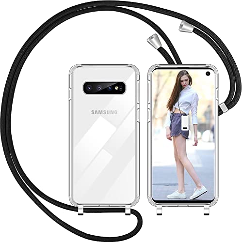 Nupcknn Handykette Hülle für Samsung Galaxy S10 (6.1") Hülle TPU Bumper+PC Back Necklace(abnehmbar) Transparent Hülle mit Kordel zum Umhängen Handy Schutzhülle mit Band(Schwarz) Cover