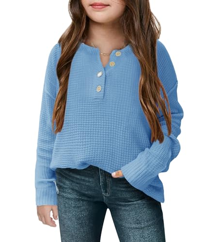 Image of Girls Waffle Knit Sweaters Trendy Henley Button V Neck Long Sleeve Pullover Jumper Tops Blue