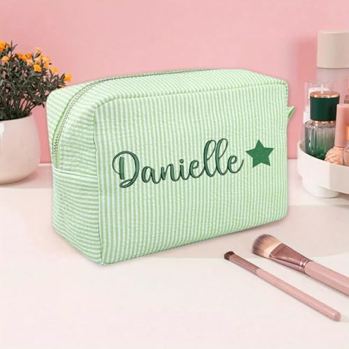 Personalized Seersucker Toiletry Bag Monogrammed Cosmetic Bag Cotton Seersucker Pouch Large Capacity Women Travel Toiletry Case for Travel Wedding Bridesmaid Graduation Gifts (Green)3