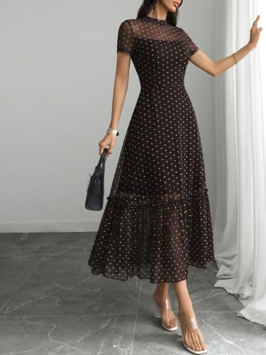 Image of GothDark Women's Summer Floral Mesh Ruffle Dress Short Sleeve Round Neck Waist Cinched Casual Maxi Wedding Guest Dresses