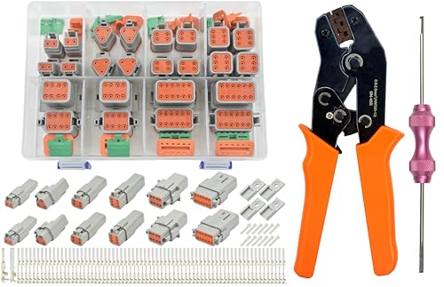 217PCS 12 Kits Deutsch DT Connector Kit with Crimper & Terminal Removal Tool - IP68 Waterproof 2 3 4 6 8 12 Pin Automotive Electrical Connectors & Size 16 Stamped Contacts for Car Truck Marine Wiring