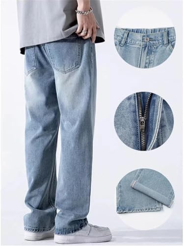 Men's Jeans Straight Denim Pants Banding Waist Cotton Wide Leg Loose Casual Blue Long Jeans Trousers3