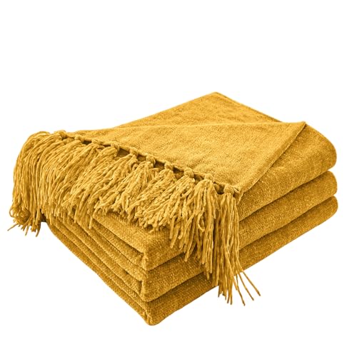 CozeCube Chenille Throw Blanket for Couch Cozy Plush Fuzzy Decorative Harvest Gold Blanket with Fringe Tassels Lightweight Throws for Bed Sofa Gift Home Decor 50X60
