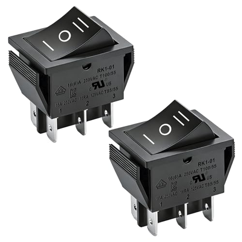 Heschen Interruptor basculante, RK1 01 HS, ON OFF ON, DPDT, 6 terminales, 16A 250VAC, negro, paquete de 2