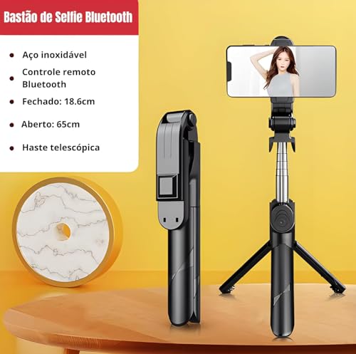 Bastão De Selfie Com Tripé Premium, Bluetooth, Retrátil, Com Controle Remoto E Luz LED, Compatível C