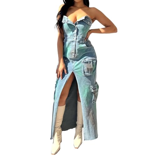 Amazon.com: cffvdiz Blue,S, Womens Sexy Sheath Strapless Denim Maxi Dress  Distressed Tie Dye Front Split Multi Pocket Cargo Denim Long Dresses :  Sports & Outdoors