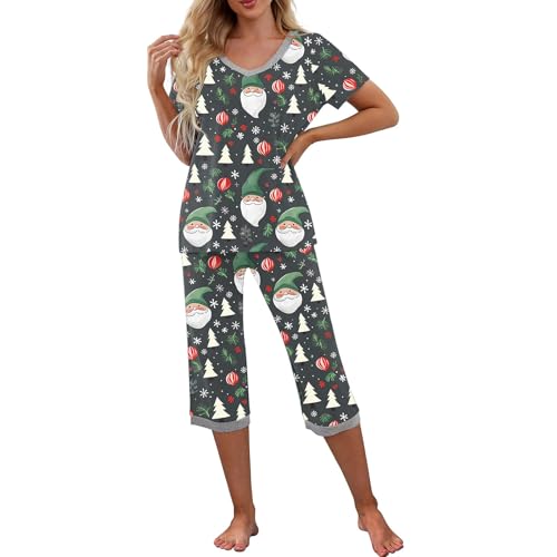 Christmas Pajama Sets for Women Fashion Printed Short Sleeve Tops Pants Pajamas Casual Comfort V Neck Sleepwear Suit