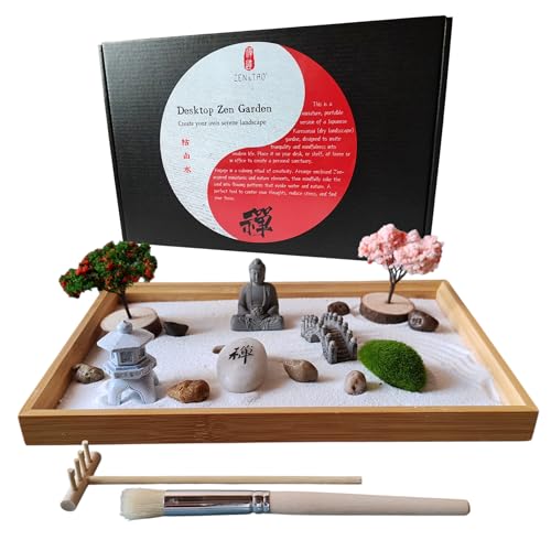 ZEN&TAO Japanese Zen Garden, 28x19x2.8cm Large Bamboo Tray, with Bridge, Tree, Moss, Stones, Lantern and Sand Toolset, Office and Home Desk Accessories, for Meditation, Relaxation or Gift.