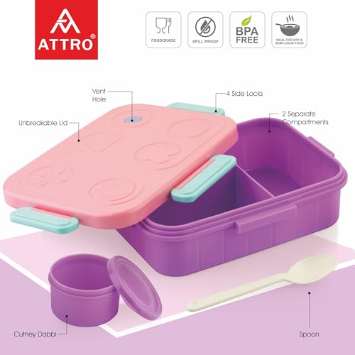 Image of ATTRO TicTac Plastic Lunch Box - 3 Compartment Bento Tiffin, Leak-Proof & Durable, Ideal for Kids, School, Picnic- 1200ml+80ml, Pink Purple