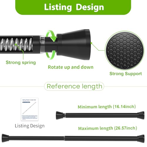 Image of Black Tension Rods 16 to 26 Inch Curtain Rods No Drilling Small Tension Rod Spring Adjustable Curtain Rod Expandable Pressure Spring Tension rods for Closet, Kitchen
