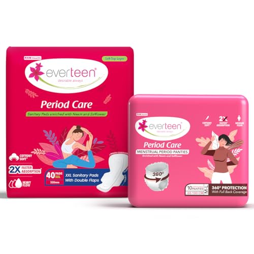 Image of everteen 40 XXL Sanitary Pads and 10 M-L Period Panty Combo for Women, Cotton Soft Disposable Period Panties for Heavy Flow, Infused with Neem and Safflower, No Rashes - Pack of 2