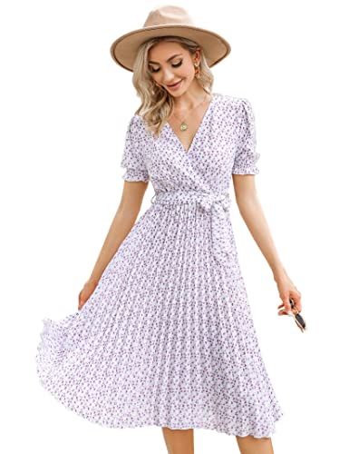 KOJOOIN Damen Sommerkleid V Ausschnitt Tunika Midikleid Plissiert...