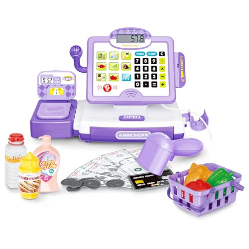 Image of FS Pretend Play Cash Register Toy Preschool Gift for Kids, Classic Count Toy with Sound, Microphone, Scanner, Credit Card, Play Food for Boys & Girls, 57 Pieces Play Set, Ages 3 4 5 6 7, Purple