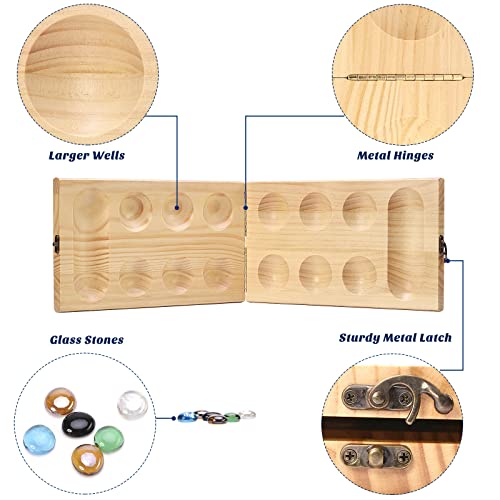 Amerous Wooden Mancala Board Game Set - Upgraded Larger Size - 72+8 Bonus Multi Color Glass Stones - Folding Board - Gift Package - Mancala Instructions, Portable Board Game For Adults And Kids #TOP4