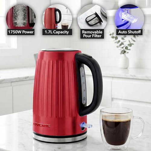 Image of OVENTE 1.7L Stainless Steel Electric Kettle, 1750W Power, Maroon KS711M | Fast Boiling Heater, BPA Free, Cordless Body Design, Auto Shut-Off, Boil-Dry Protection, Indicator Light and Removable Filter