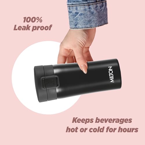 Image of MILTON Thermosteel Vacuum Insulated Travel Coffee Mug, 300ml, Black, Prolonged Hours Hot & Cold, ISI Certified, Spill Proof & Easy to Sip, Leakproof & Rustproof, On The Go Coffee Cup