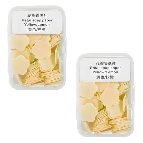 EiEiFiFi 100Pcs Boxes Portable Disposable Soap Paper Mini Scented Slice Sheets with Storage Box Mini Hand Washing Bath Scented Paper Soap for Travel Camping Hiking Outdoor Hand Toiletry Bath (Yellow)