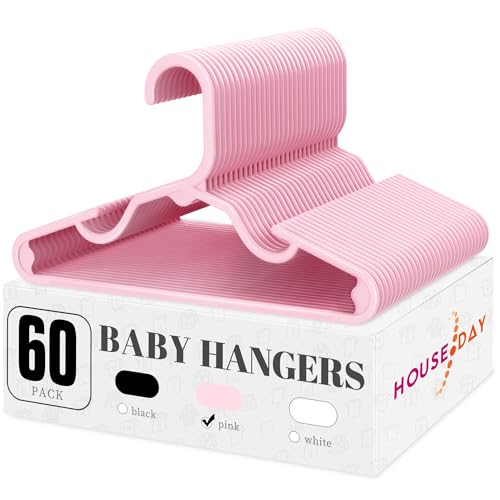 Image of HOUSE DAY Plastic Baby Hangers for Closet 60 Pack, Durable Plastic Kids Hangers for Baby Clothes, Thin & Compact Childrens Hangers, Space Saving Pink Baby Hanger, Small Hanger for Kids Clothes