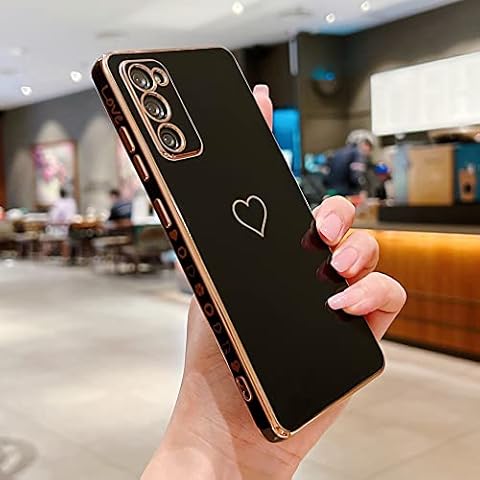 LRANKAI Compatible with Samsung Galaxy S20 FE 4G/5G Case for Women Girl,Cute Plated Heart Pattern Design Protection Case Golden Edging Shockproof Bumper Cover for Samsung Samsung Galaxy S20 FE-Black Cover