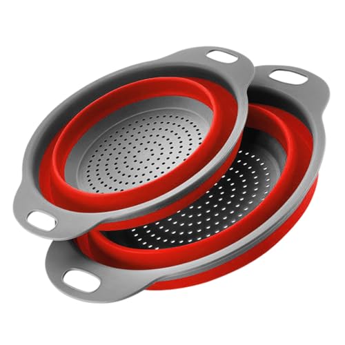 Surwin Scolapasta Pieghevole Salvaspazio, 2 Pezzi Scolapasta Silicone Verdura, Cesto Scolapasta Plastica Silicone Pieghevole, per Drenare Pasta, Verdura, Frutta (Rosso,2 pezzi)