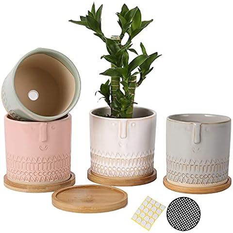 4 Inch Ceramic Plant Pot with Bamboo Saucer, Multicolor Unique Face Style Planters Pots with Drainage Hole and Mesh Pads for Succulent, Indoor Flowers, Snake Plants, Cactus, Herbs, Set of 4 Cover