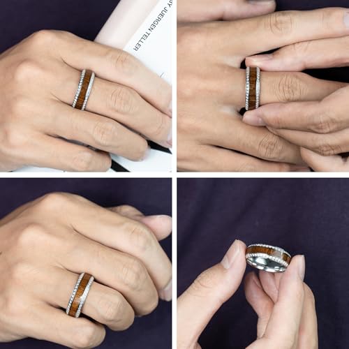 Engraved Personalized Titanium Wedding Rings for Men Cubic Zirconia Inlay Hawaiian Koa Wood Engagement Ring Eternity Band High Polished Band Comfort Fit Size 7-123