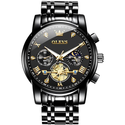 Image of OLEVS Black Watch for Men Stainless Steel Chronograph Big Face Easy to Read Analog Quartz Watches Luxury Waterproof Date Diamond Dial Dress Wrist Watch Reloj De Hombre, HG-US-2856-QH