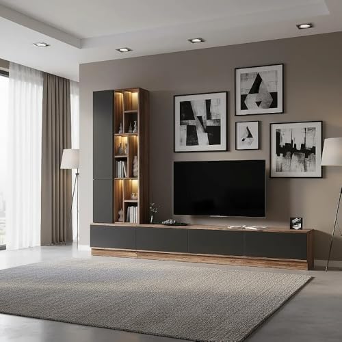 Stylish Home طاولة تلفزيون بني و رمادي من 4 قطع شاملة الأرفف موديل 61 شاملة الاضاءة