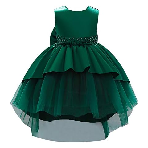 IWEMEK Kinder Baby Mädchen Ärmellos High Low Satin Tüll Abendkleid Bowknot Prinzessin Kleid Blumenmädchen Brautjungfer Brautkleider Kommunion Geburtstagsfeier Prom Ballkleid Dunkelgrün 3-4 Jahre Cover