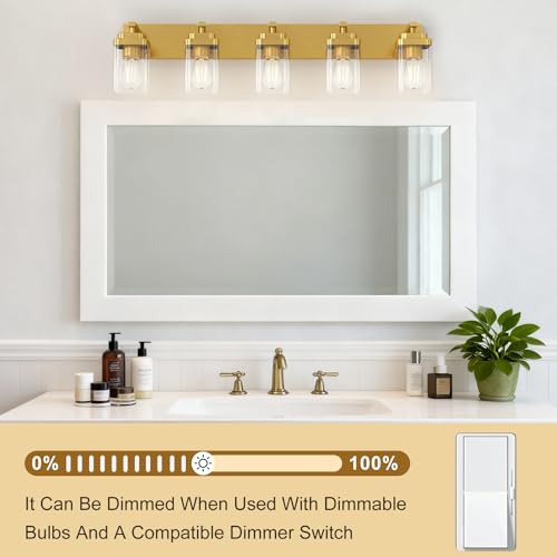 Image of Brushed Gold Bathroom Light Fixtures, 5 Lights Bathroom Lighting Fixtures Over Mirror, Square Design & Rectangle Large Backplate, Modern Vanity Lighting Fixtures, for Living Room /Bedroom