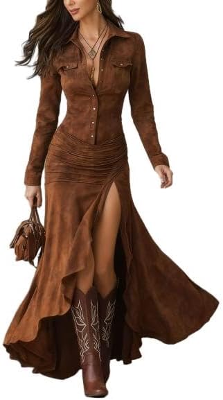 Womens Western Button Down Maxi Dress with Slit – Vintage Long Sleeve High Low Boho Cowgirl Flowing Dress