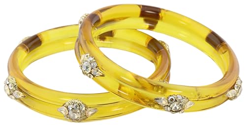 Image of NMII Diamond Glass Bangles Crystal Kada Set For Women & Girls Adorned with Golden Zircon Stones | Trending Girls Bangles Bracelet | Transparent Chudi Kangan For Wedding, Party, Daily, Ethnic- Set of 2