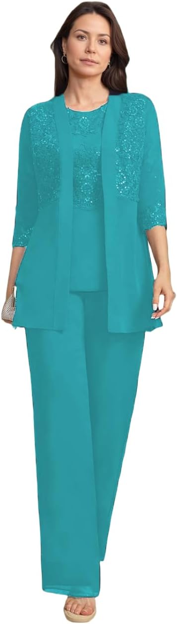 3 Pieces Mother of Bride Pant Suits with Jackets Laces Sequin Chiffon Mother of Groom Dresses